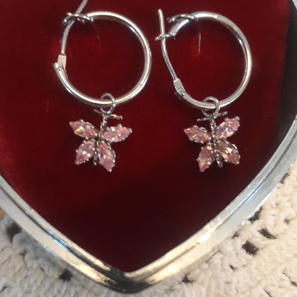 14K White Gold Pink Cubic Zirconic Hoop Earrings Retail $400